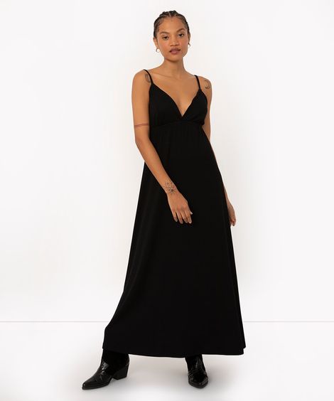 vestido longo de decote v alça fina preto