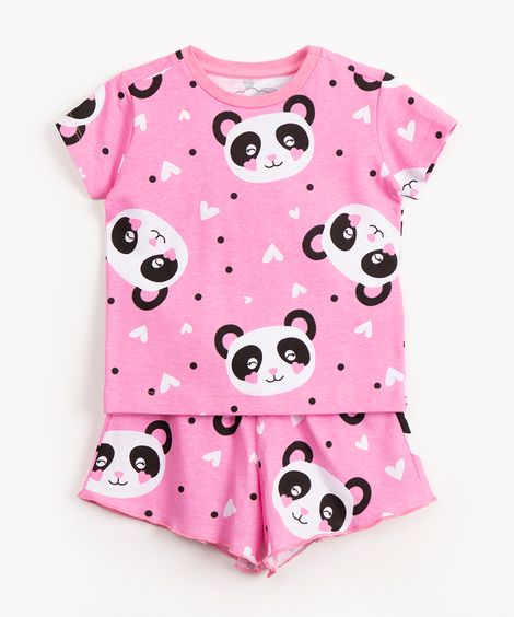 pijama infantil de algodão panda manga curta rosa