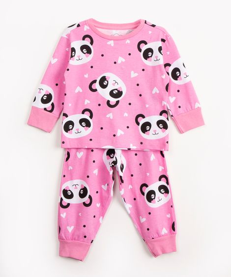 pijama infantil de algodão panda manga longa rosa