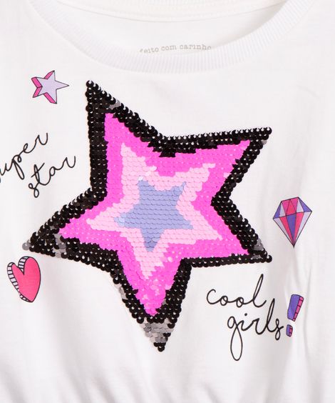 blusa infantil de algodão com paetê manga longa off white
