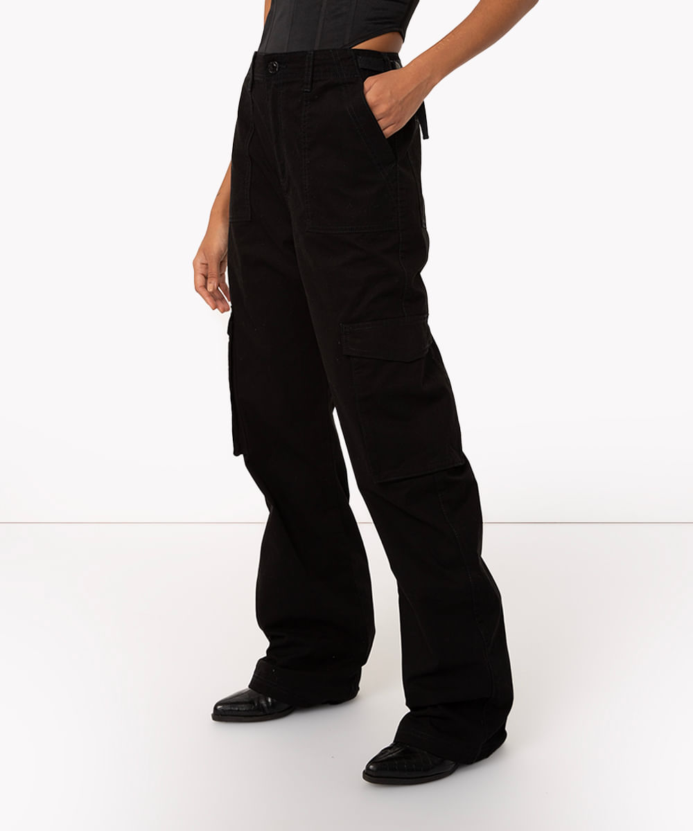 calça de sarja reta cargo cintura média preto - C&A