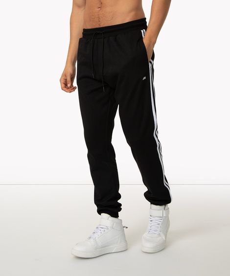 calça jogger de moletom com listras esportiva preta