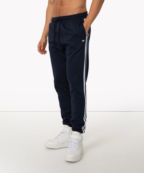 calça jogger de moletom com listras esportiva azul marinho