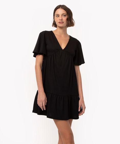 vestido curto texturizado decote v manga curta preto