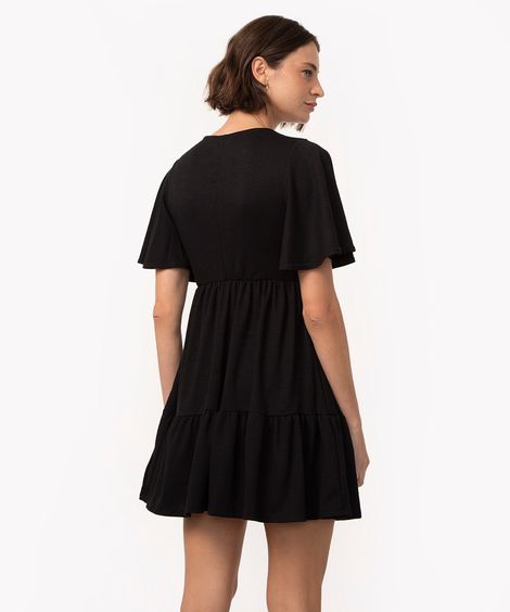 vestido curto texturizado decote v manga curta preto