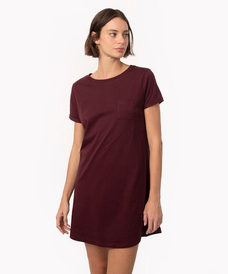 vestido básico de algodão manga curta vinho