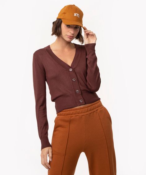 cardigan cropped de tricot básico botões marrom escuro