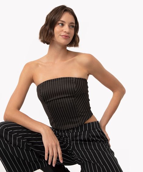 top corset risca de giz sem alça com zíper preto