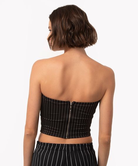 top corset risca de giz sem alça com zíper preto