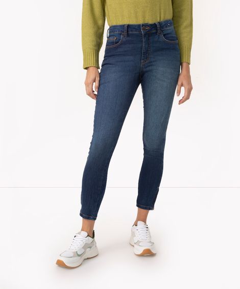 calça jeans super skinny cintura média azul escuro