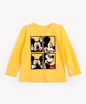 camiseta infantil de algodão mickey flocado manga longa amarelo