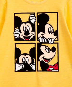 camiseta infantil de algodão mickey flocado manga longa amarelo