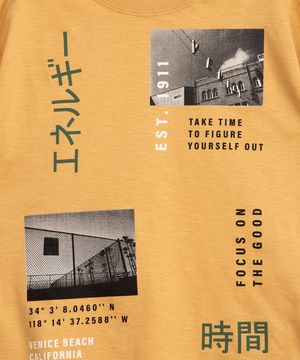 camiseta infantil de algodão kanji fotos manga curta amarela