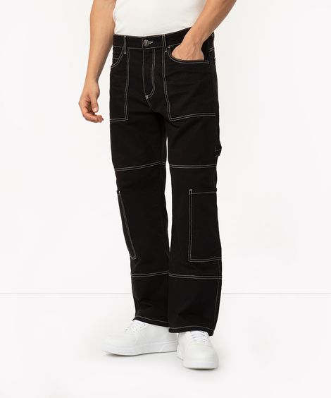 calça de sarja wide leg com bolsos preta