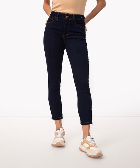 calça jeans super skinny cintura média com zíper azul escuro