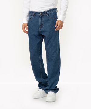 calça jeans reta com bolsos azul