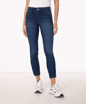 calça jeans super skinny cintura média azul escuro