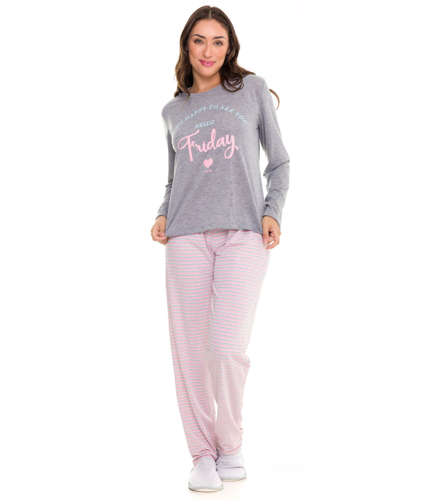 Pijama Longo Feminino Friday Evanilda Cinza Canda 5570