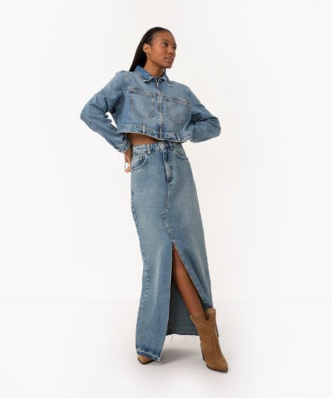 saia jeans longa cintura super alta com fenda azul médio