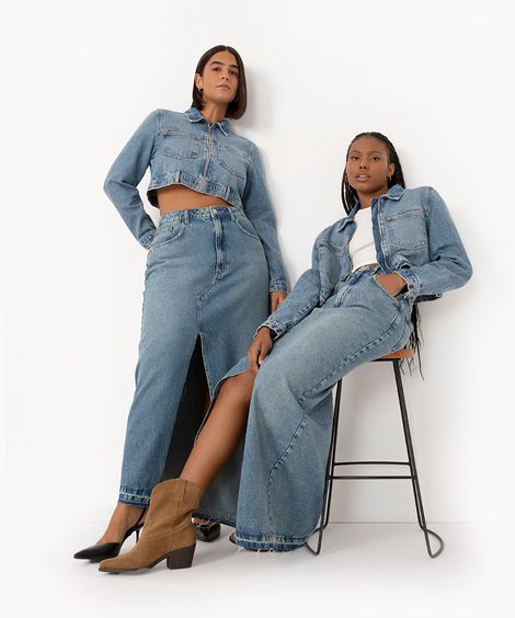 saia jeans longa cintura super alta com fenda azul médio