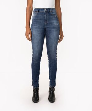 calça jeans skinny slit cintura alta com bolsos azul escuro