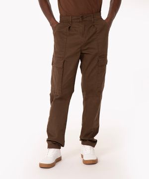 calça de sarja cargo wide leg marrom