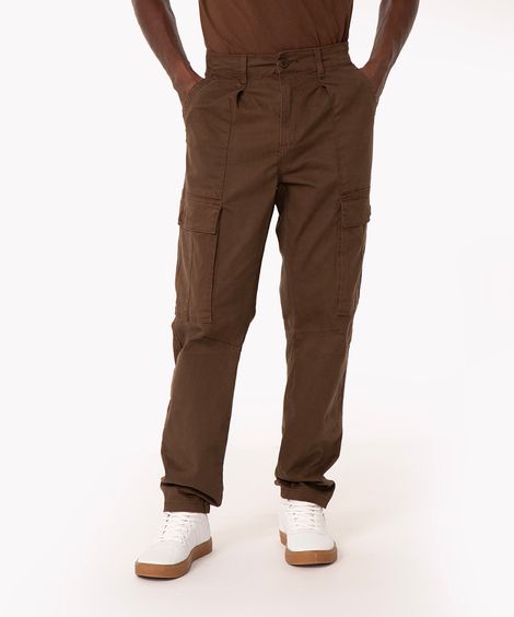 calça de sarja cargo wide leg marrom