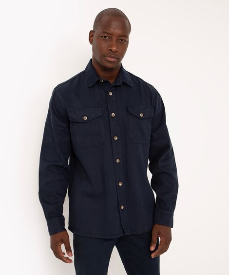 camisa de sarja slim manga longa azul marinho