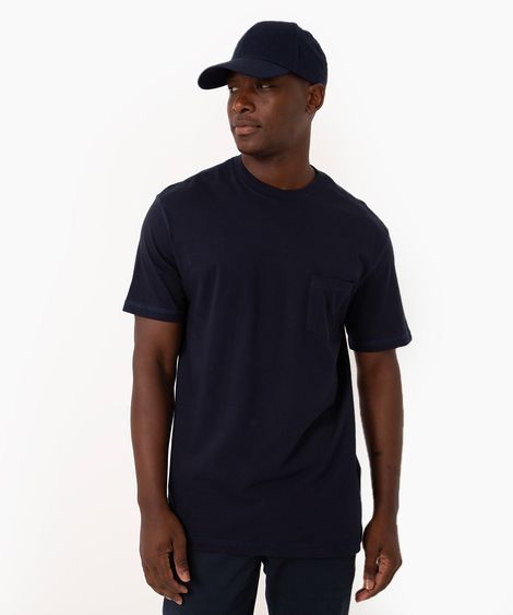 camiseta de algodão com bolso manga curta azul marinho