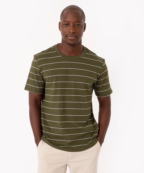 camiseta de algodão texturizada listrada manga curta verde militar