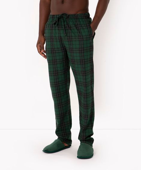 calça flanelada reta xadrez com cordão verde