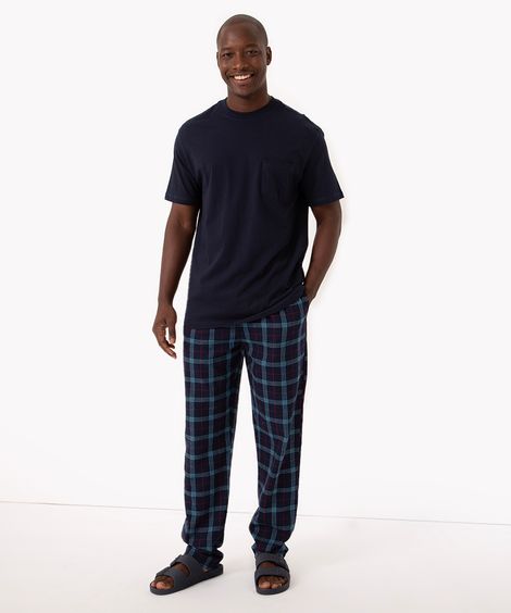 calça flanelada reta xadrez com cordão azul marinho