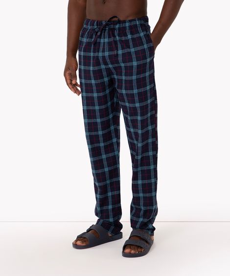calça flanelada reta xadrez com cordão azul marinho