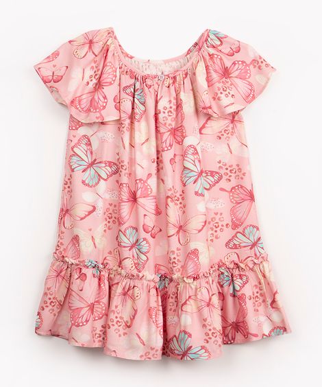 vestido infantil de viscose borboletas manga curta rosa