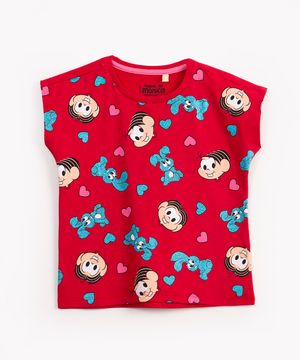 blusa infantil de algodão manga curta mônica e sansão vermelho