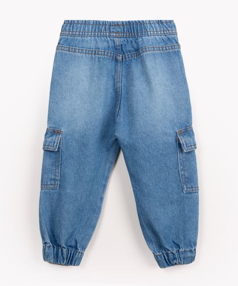 calça jeans jogger cargo infantil com bolsos azul médio