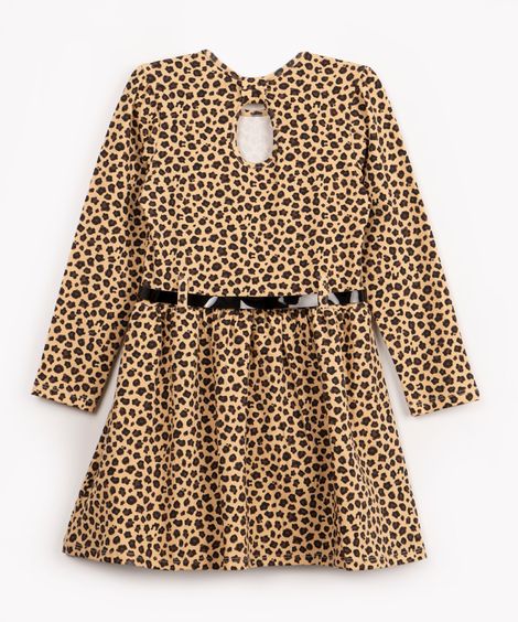 vestido infantil manga longa animal print marrom