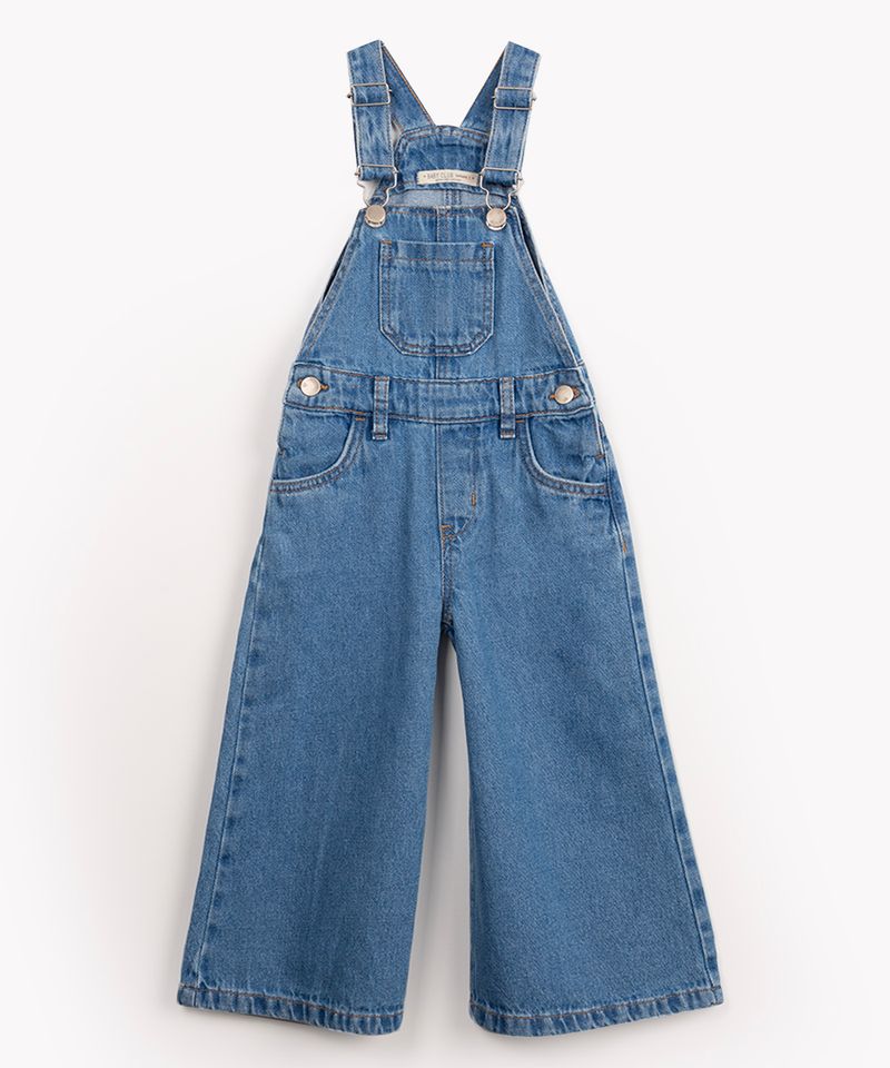 jardineira jeans infantil wide leg com bolsos azul médio - C&A