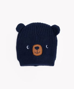 kit infantil de tricot gorro ursinho e cachecol azul marinho