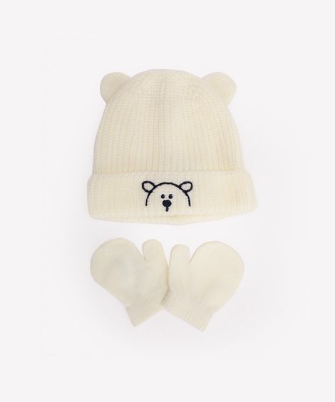 kit infantil de tricot gorro ursinho e luvas off white