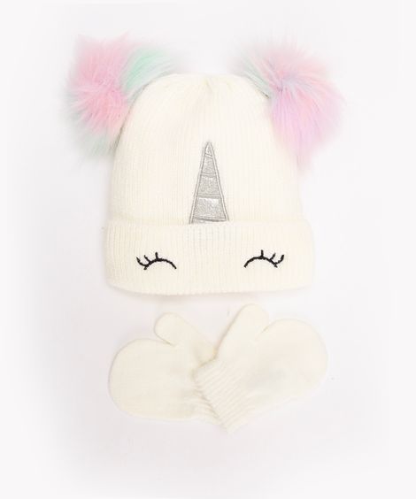 kit gorro infantil unicórnio com luva branco