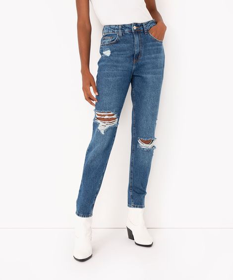 calça jeans mom básica cintura super alta azul escuro