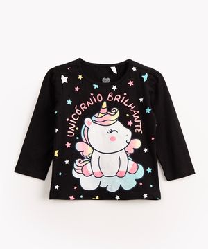 blusa infantil de algodão manga longa unicórnio brilhante preto