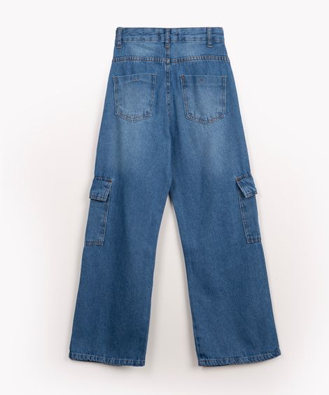 calça jeans juvenil wide leg cargo azul escuro