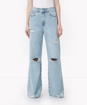 calça wide jeans destroyed cintura super alta azul claro