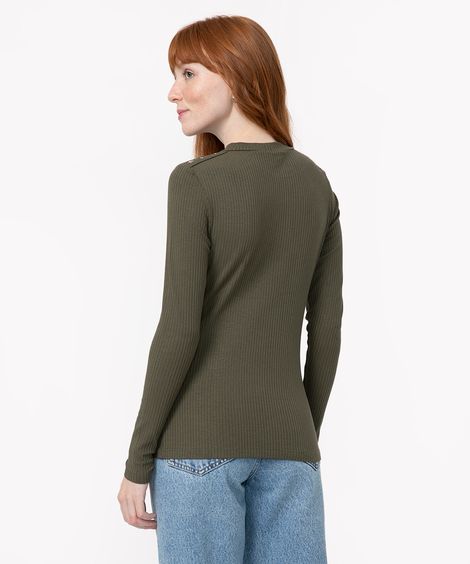 blusa de viscose canelada manga longa botões verde militar