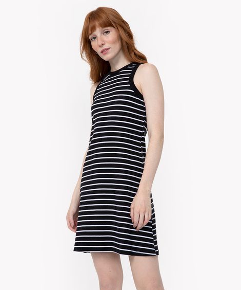 vestido curto listrado halter neck preto
