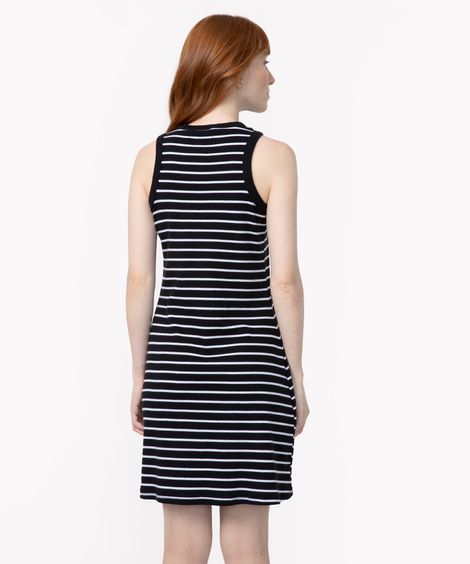 vestido curto listrado halter neck preto