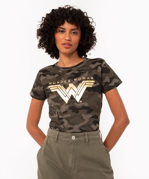 camiseta de algodão camuflada mulher maravilha manga curta verde militar