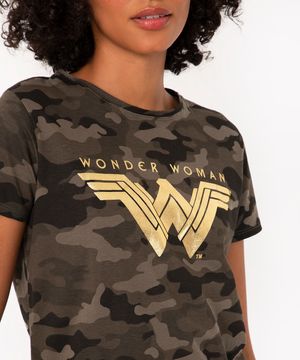 camiseta de algodão camuflada mulher maravilha manga curta verde militar